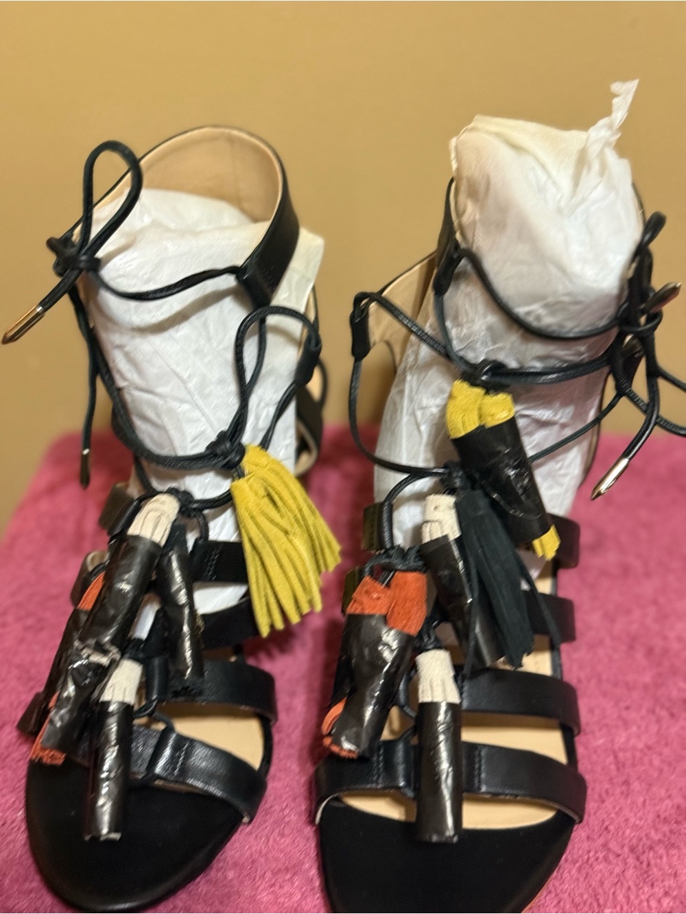 Marc Fisher Black Lace-Up Tassel Heels with Yellow and Orange Accents